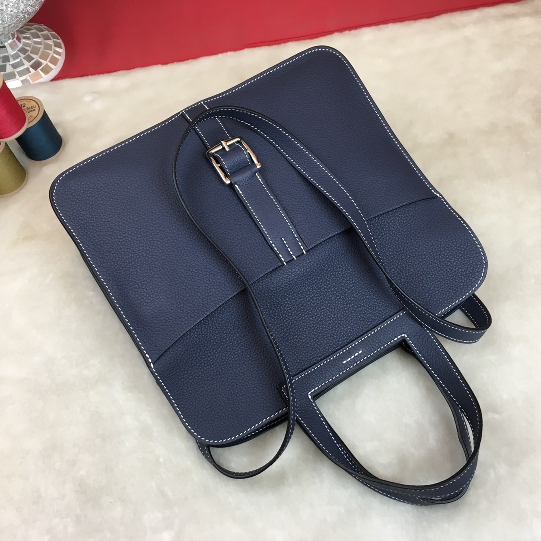 Hermes Halzan 31 Handbag Shoulder Bag In Blue Nuit Clemence Leather